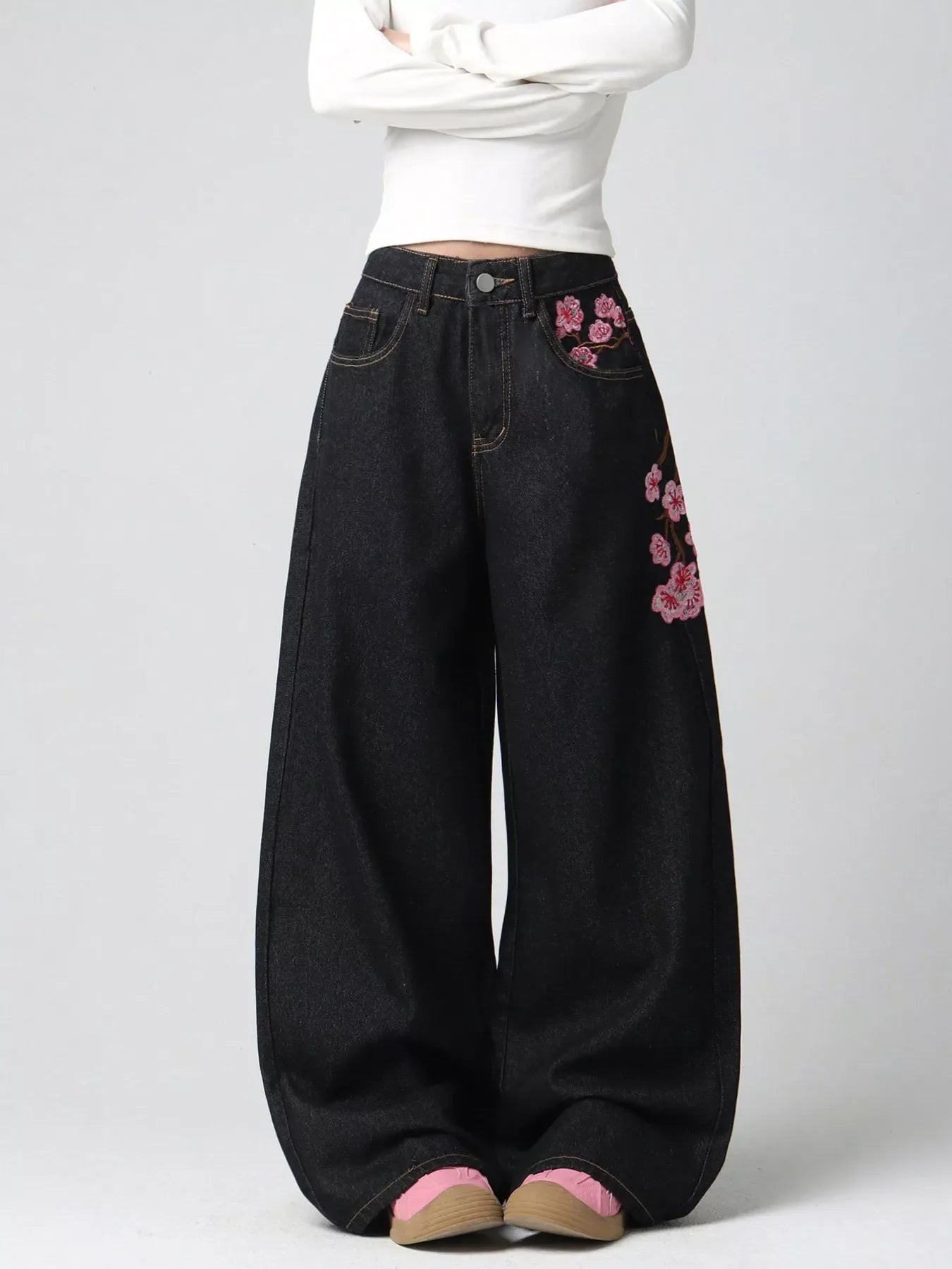 Embroidered Wide-Leg Jeans