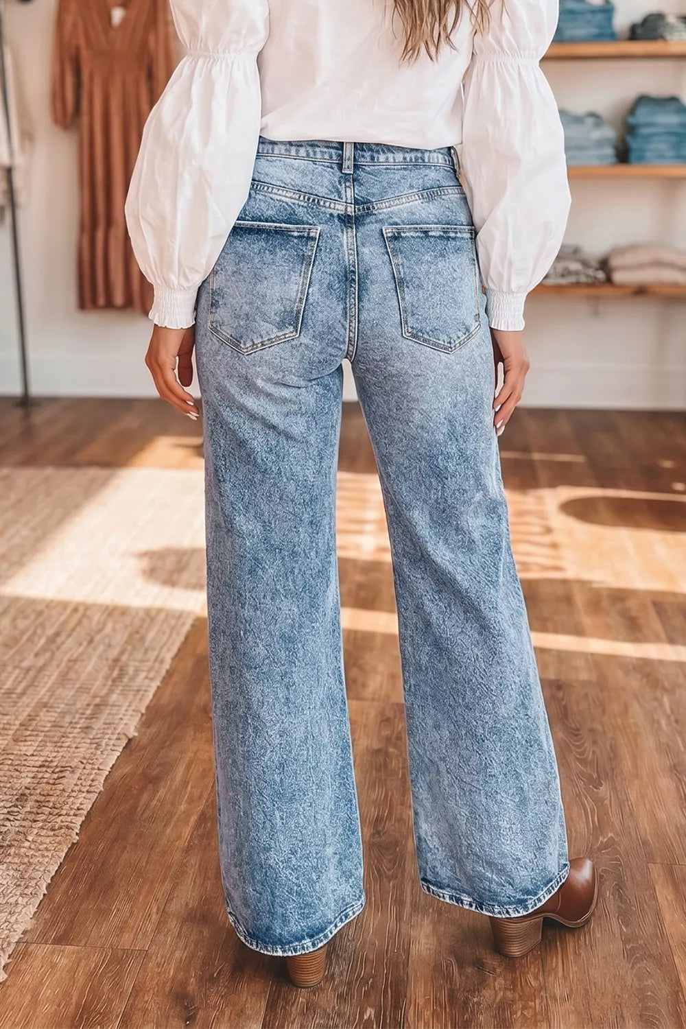 Acid Wash Pocket Detail Flare Jeans