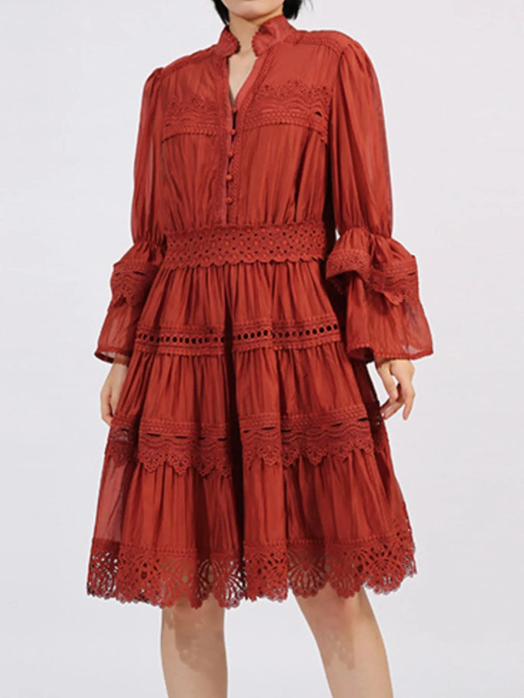 Ruffle Lace Trim Long Sleeve Dress