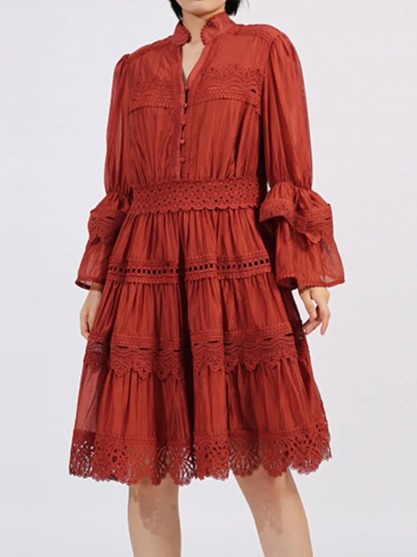 Ruffle Lace Trim Long Sleeve Dress