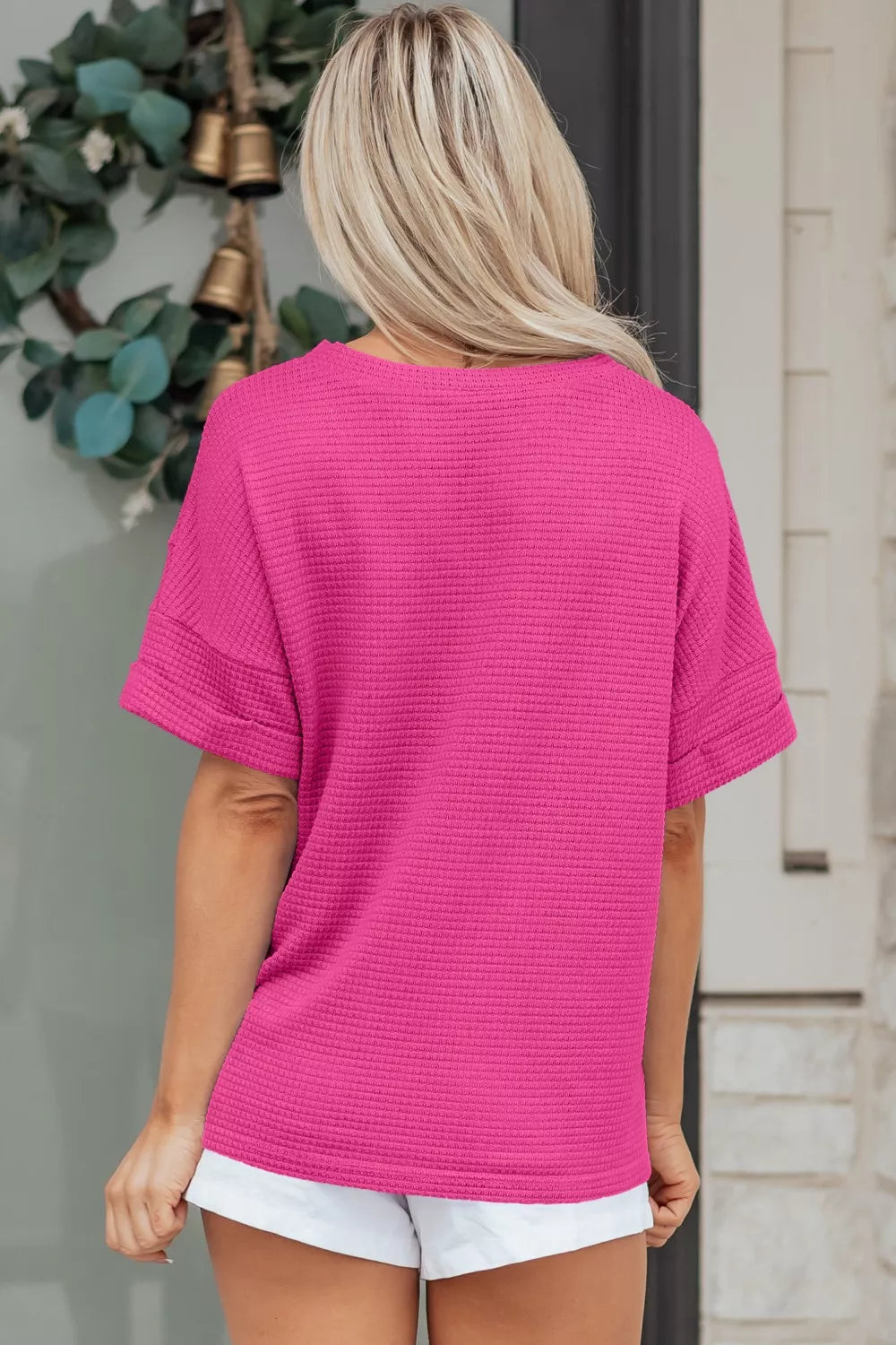 Textured Waffle Knit V-Neck T-Shirt