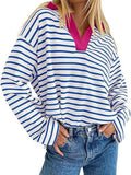 Striped Contrast Collar Long Sleeve Top