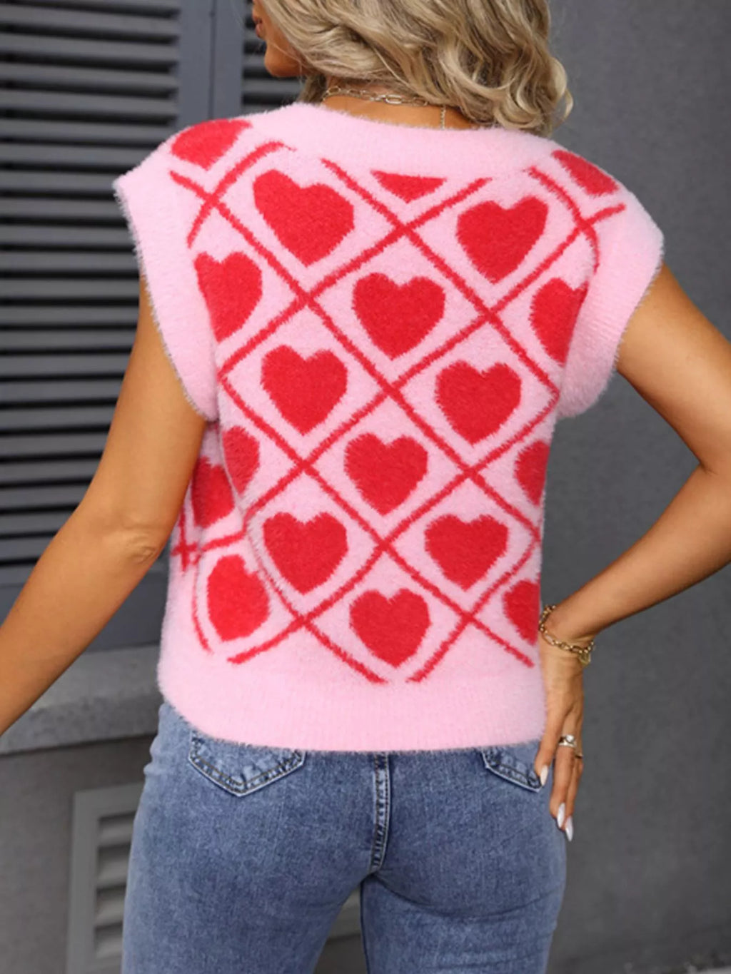Valentine's Day Fluffy Heart Pattern V-Neck Sweater Vest