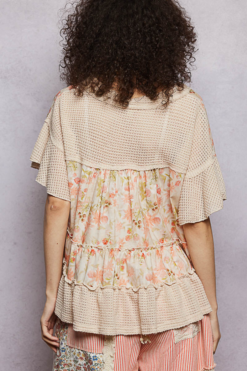POL Floral Print V-Neck Woven Blouse with Gentle Gathers