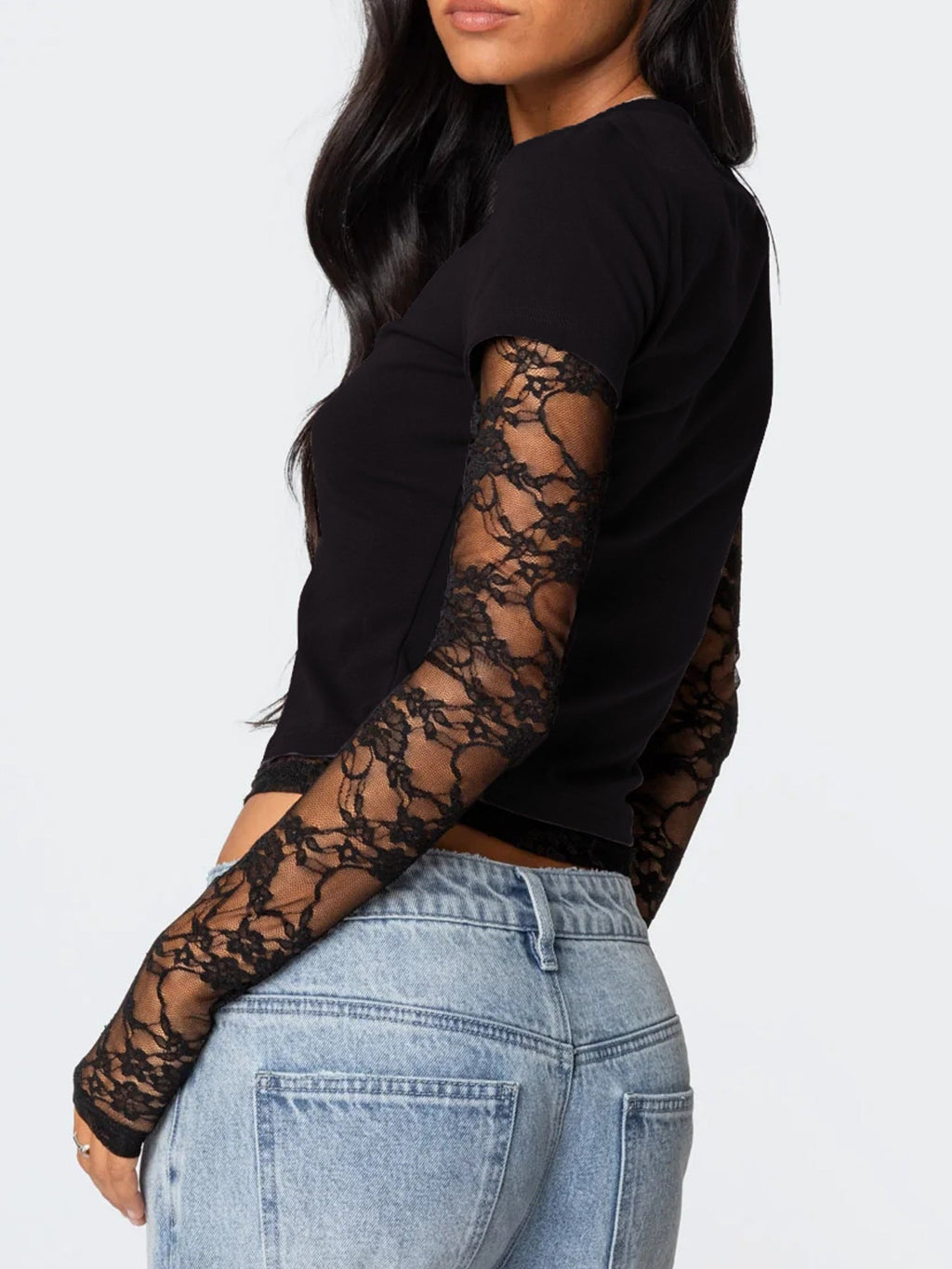 Lace Sleeve Fitted T-Shirt