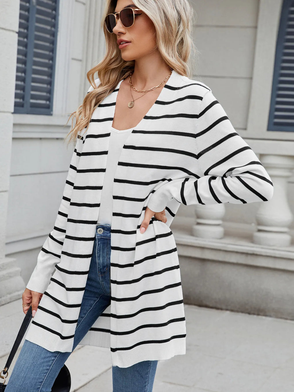 Striped Open Front Cardigan with Relaxed Fit