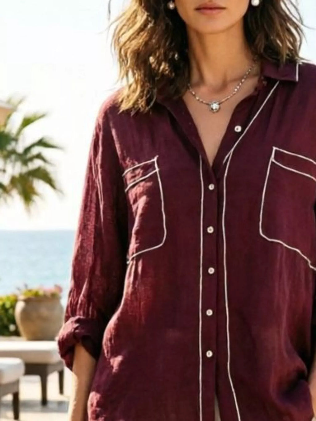 Contrast Trim Button Up Long Sleeve Shirt