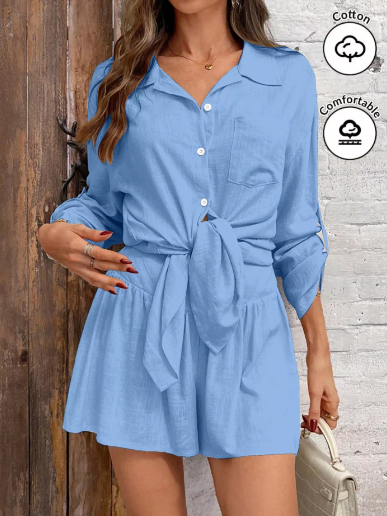 Button Up Roll-Up Sleeve Shirt and Shorts Set