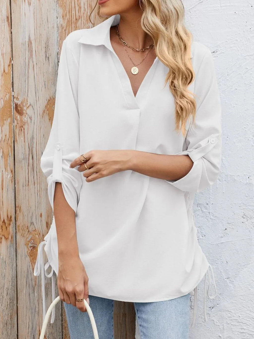 Drawstring Johnny Collared Three-Quarter Sleeve Top