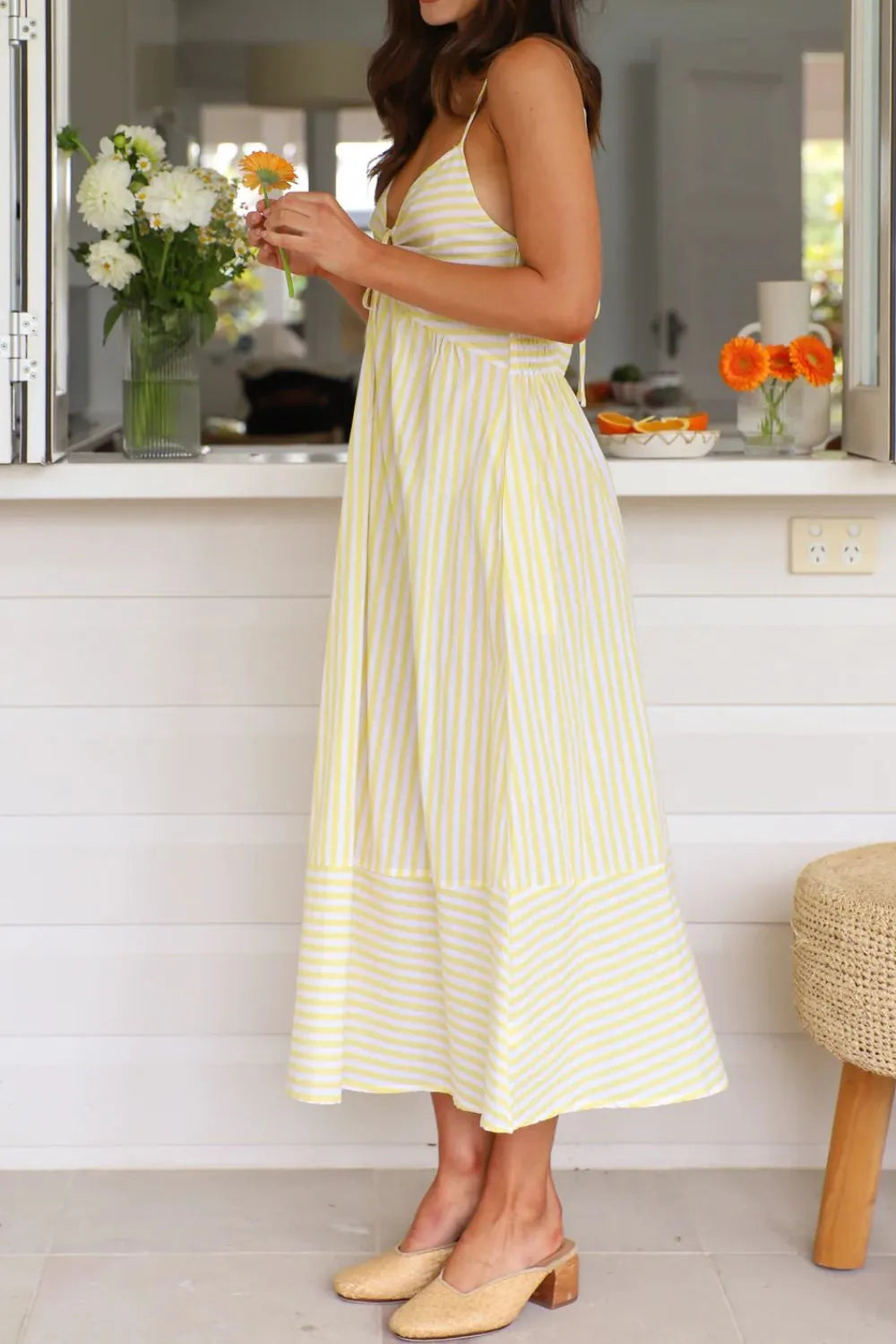Smocked Back Striped Sleeveless Midi Dress