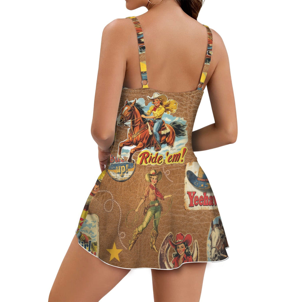 Baha Ranch Vintage Cowgirl Collage Skirted Swim Suit