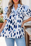 Abstract Animal Print Striped Ruffle Trim V Neck Blouse