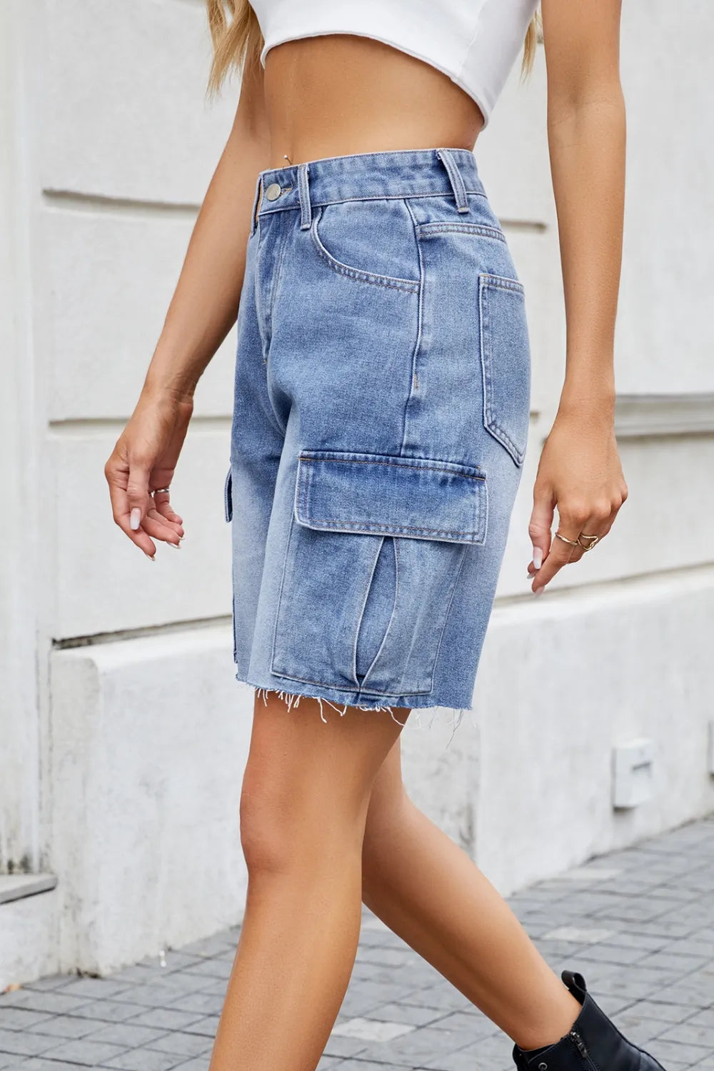 Raw Hem Washed Denim Shorts with Cargo Pockets
