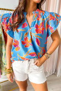 Floral Print Notched Pompom Trim Flutter Sleeve Blouse