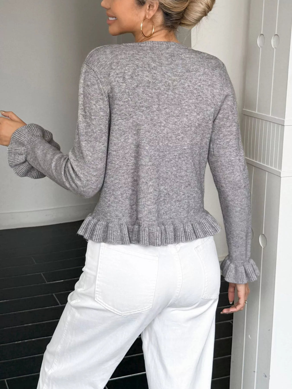 Ruffled Trim Button-Up Knit Cardigan