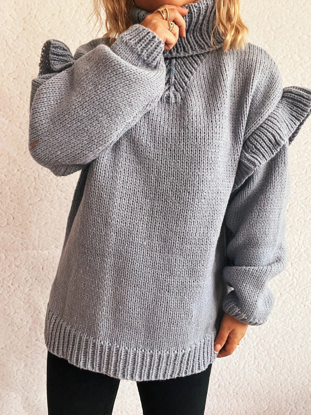 Ruffled Turtleneck Long Sleeve Sweater