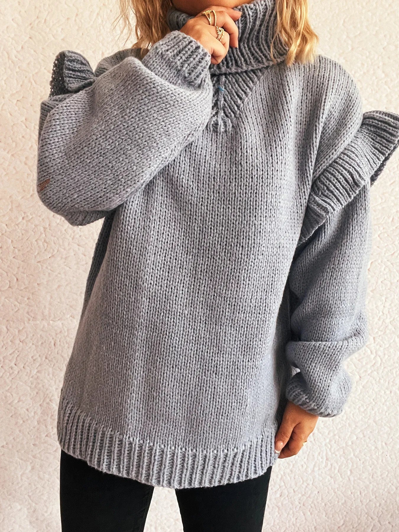 Ruffled Turtleneck Long Sleeve Sweater