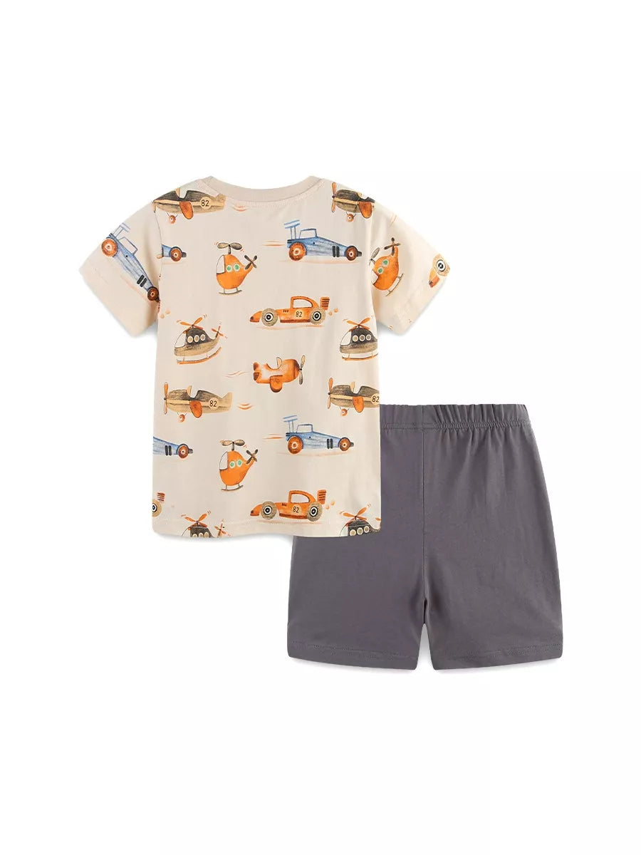 Children's Cartoon Vehicle Print T-Shirt & Shorts Set