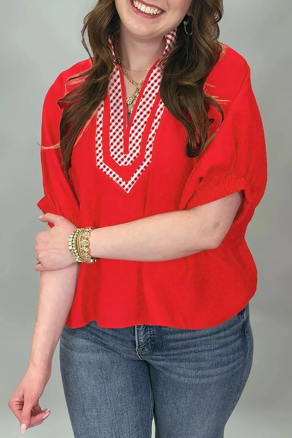 V Neck Plaid Collar Short Sleeve Tunic Blouse