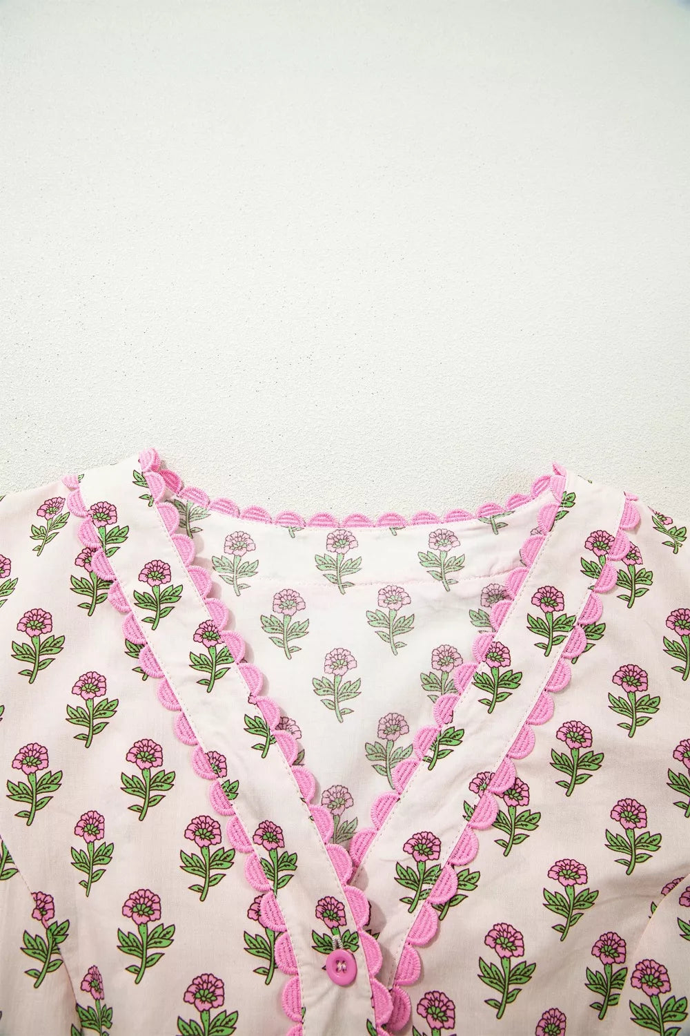 Floral Print V Neck Scallop Trim Button Front Short Sleeve Dress