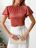 Mock Neck Flutter Sleeve Blouse