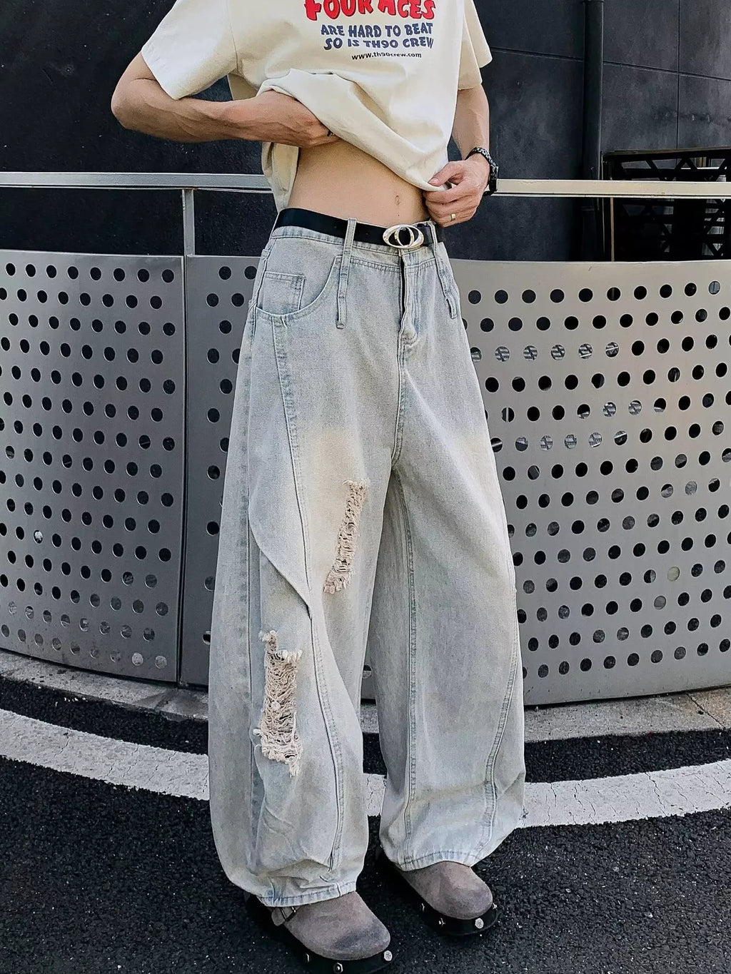 Men's Full Size Distressed Wide Leg Jeans Plus Size