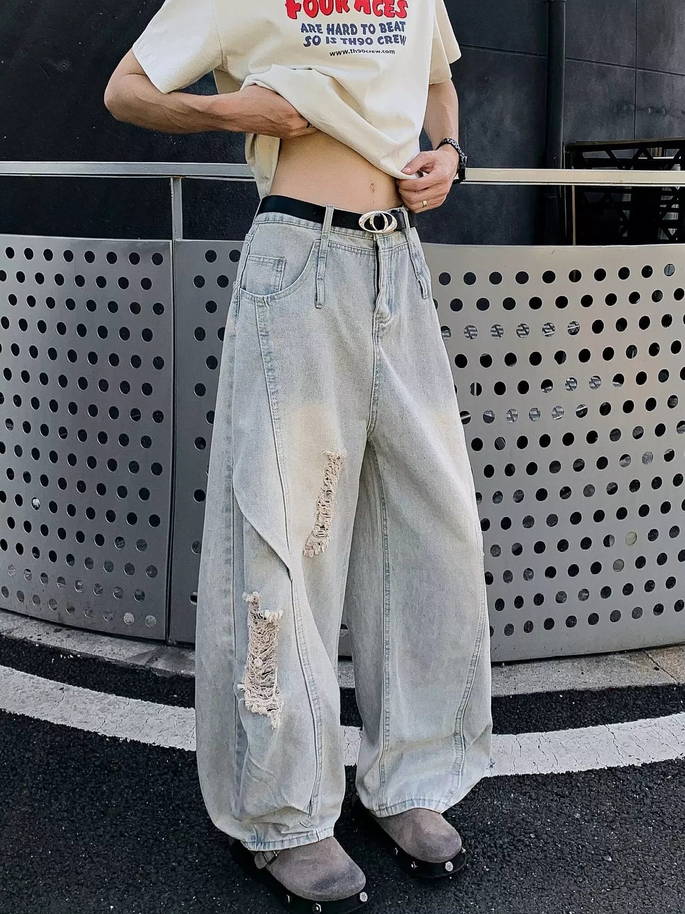 Men's Full Size Distressed Wide Leg Jeans Plus Size