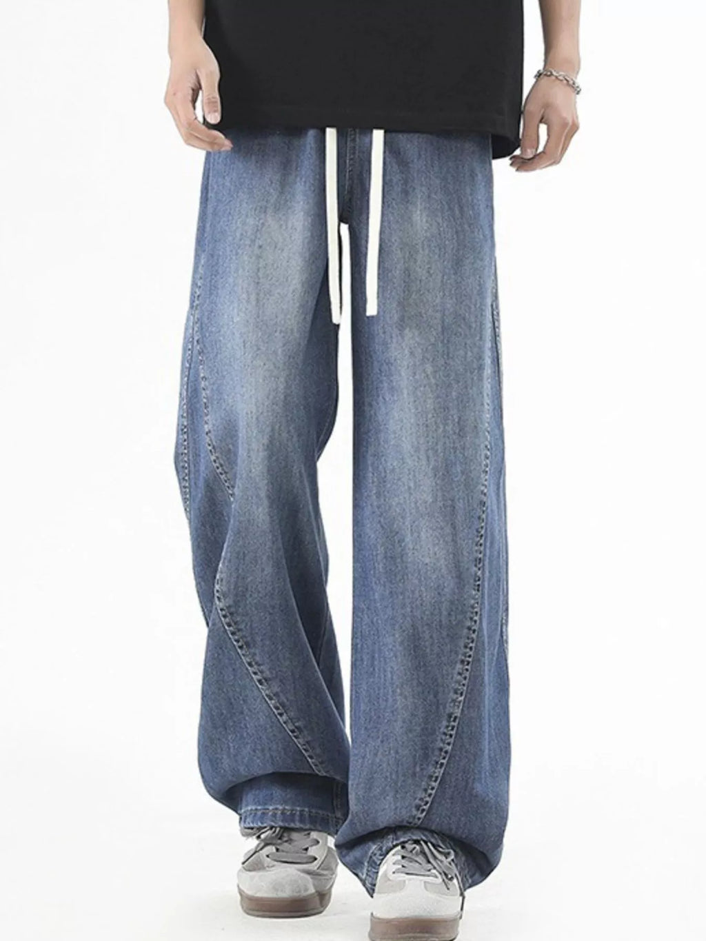 Men's Plus Size Vintage Wide Leg Jeans with Drawstring
