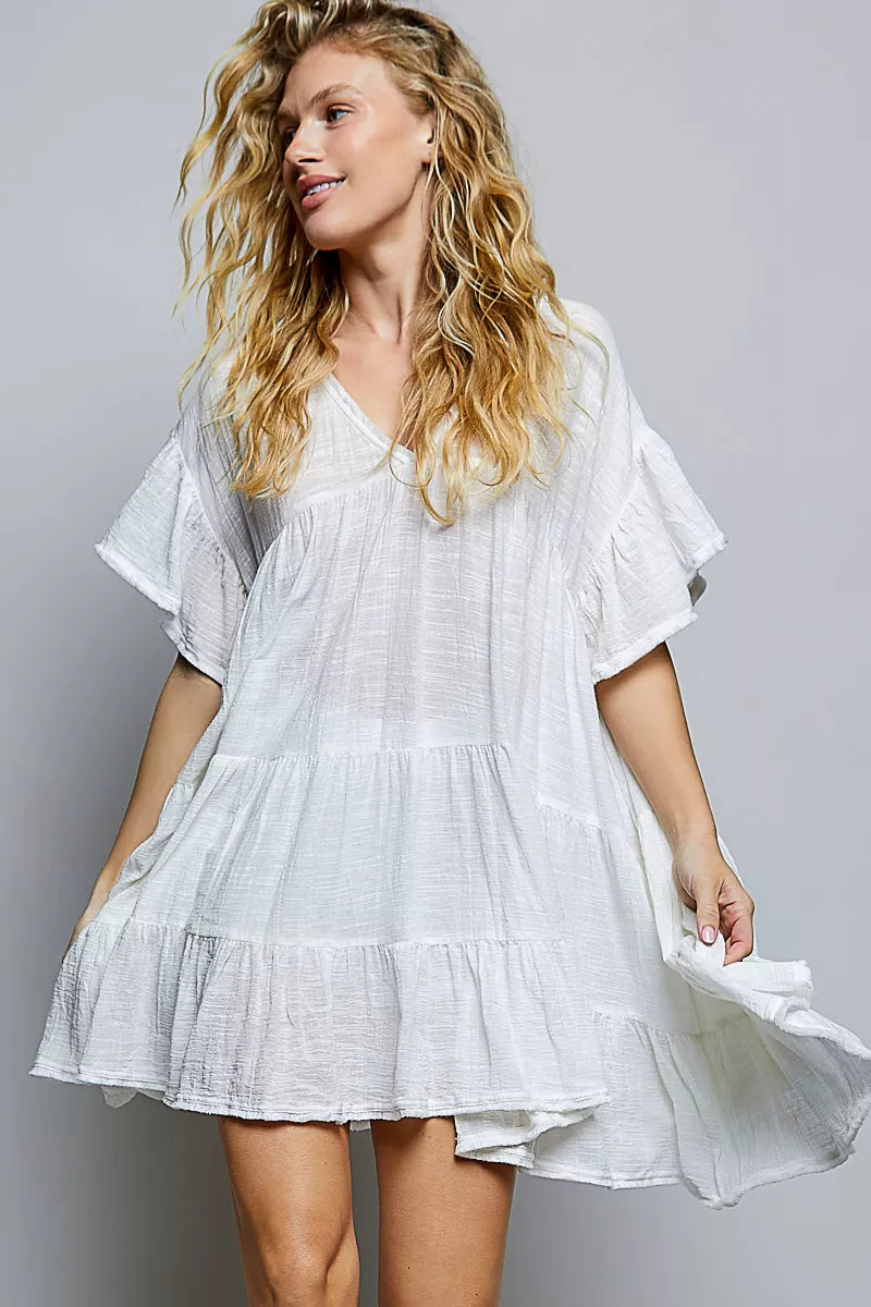 POL Cotton Ruffle Shirred V-Neck Short Sleeve Dress