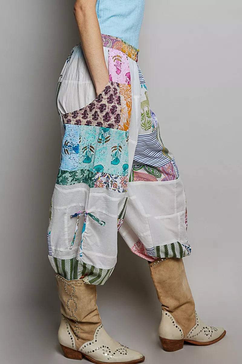 POL Printed Patchwork Wide Leg Pants with Adjustable Side Drawstring