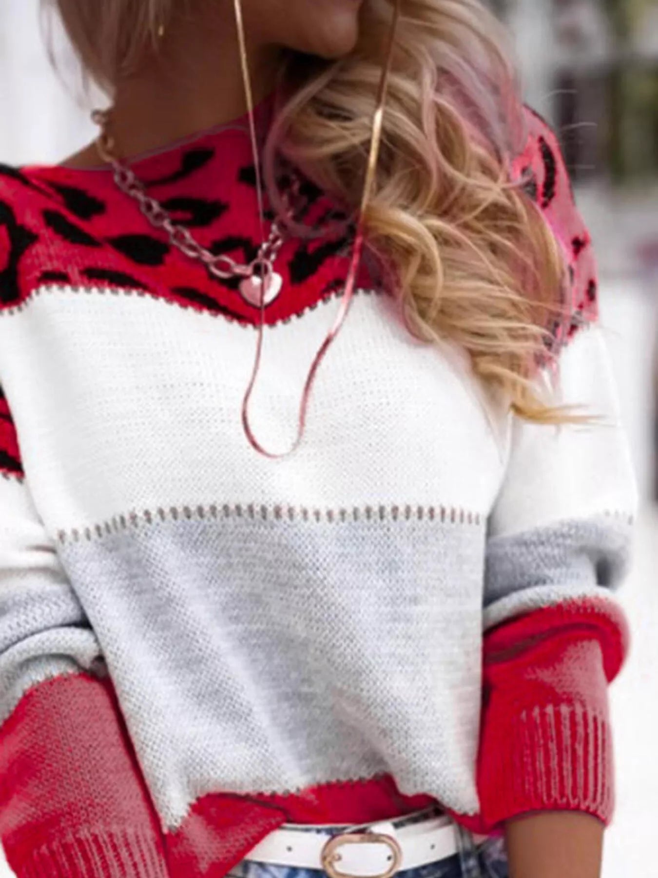 Full Size Leopard Color Block Long Sleeve Sweater Plus Size
