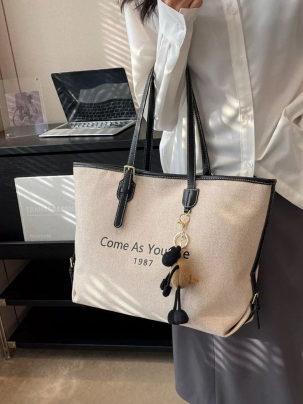 Canvas Tote Shoulder Bag with Charm