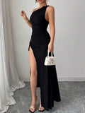 One-Shoulder Ruched High-Slit Maxi Dress