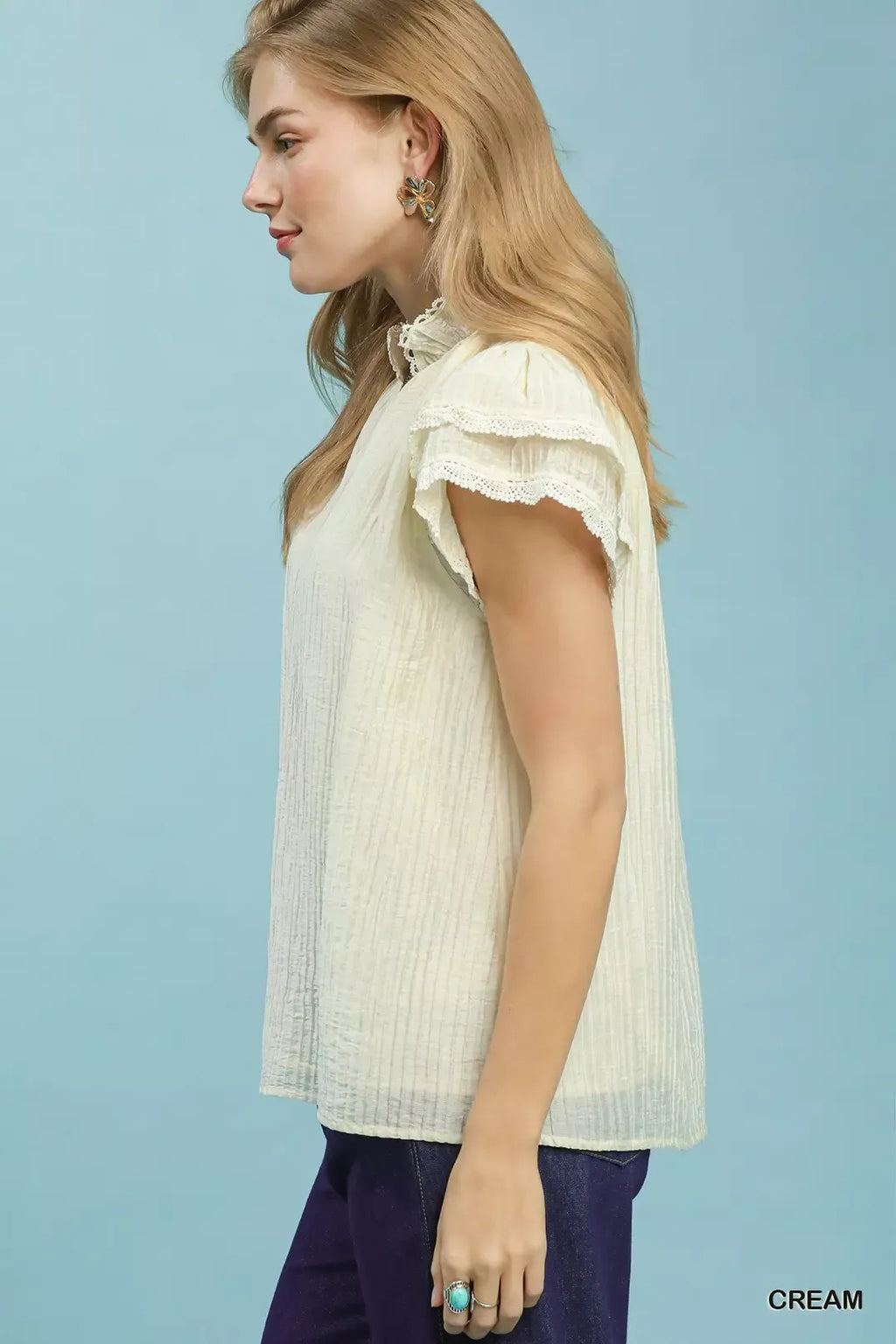 Umgee Lace Trim Ruffle Top