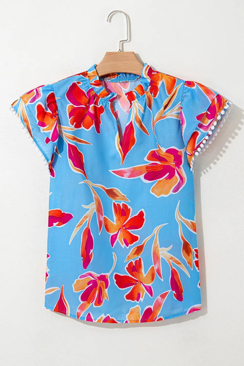 Floral Print Notched Pompom Trim Flutter Sleeve Blouse