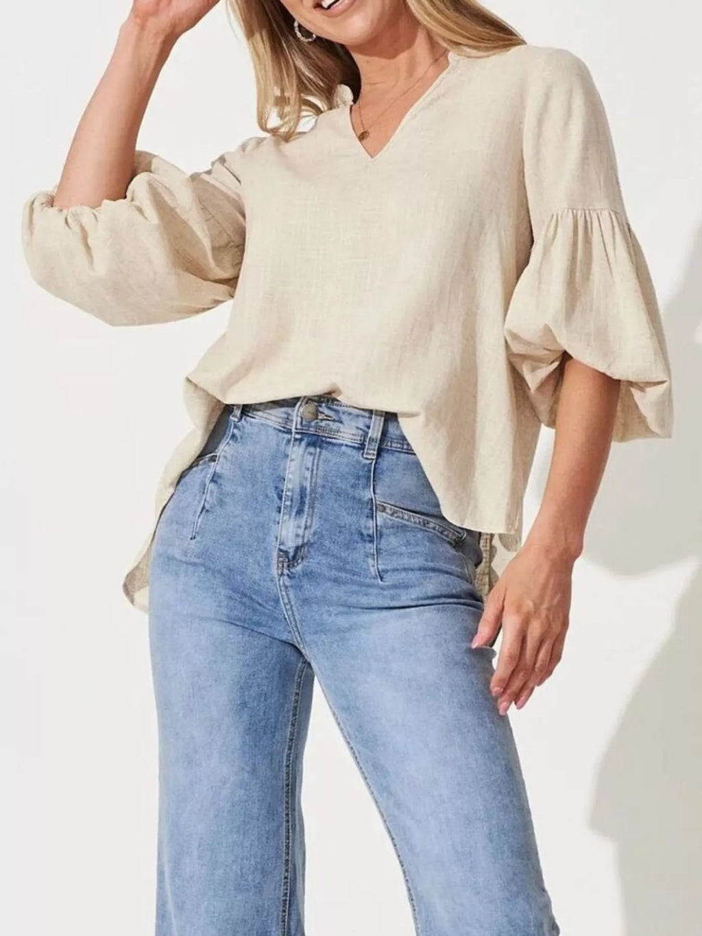 Notched Balloon Sleeve Blouse