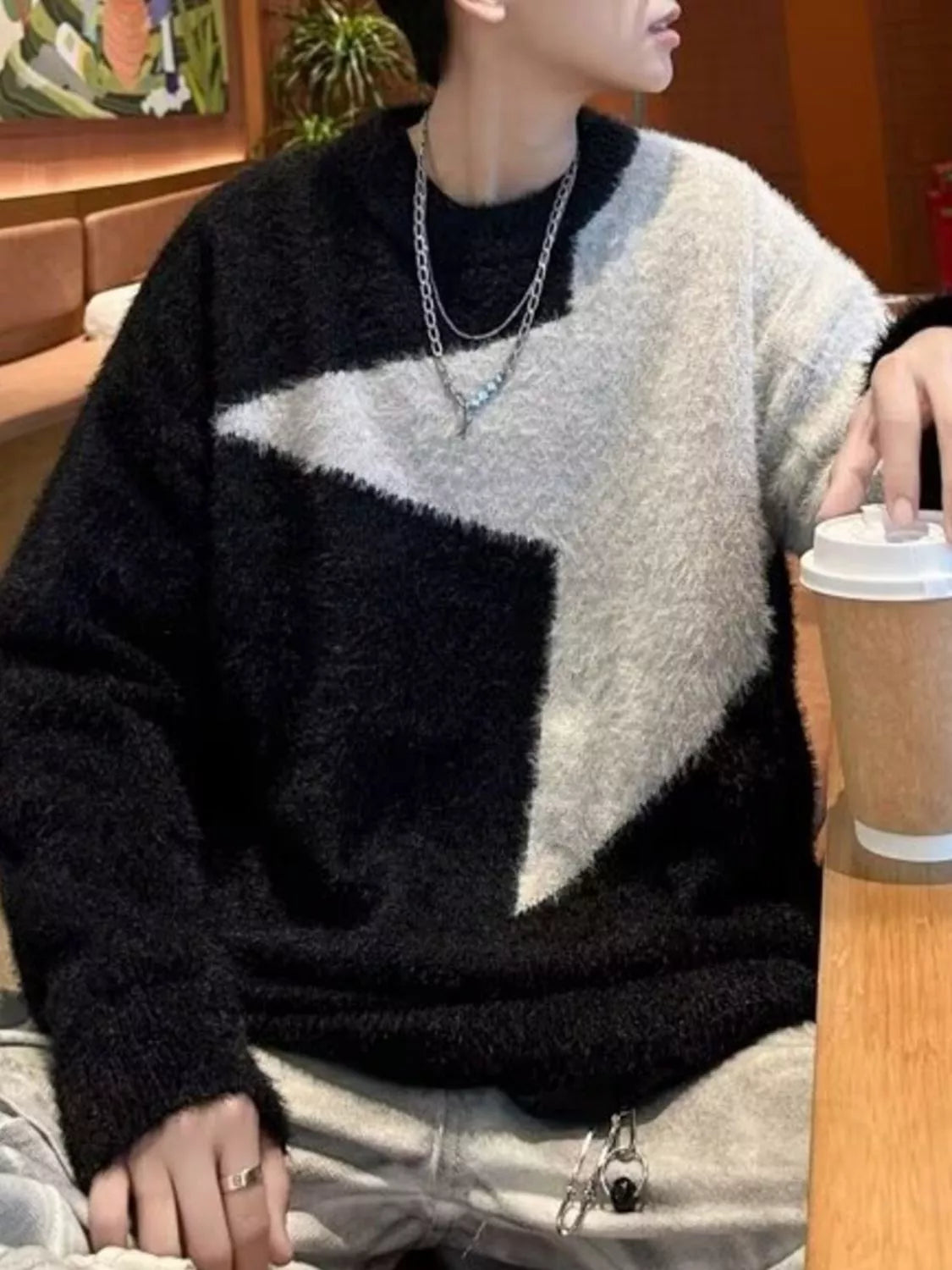 Men's Color Block Fuzzy Knit Sweater