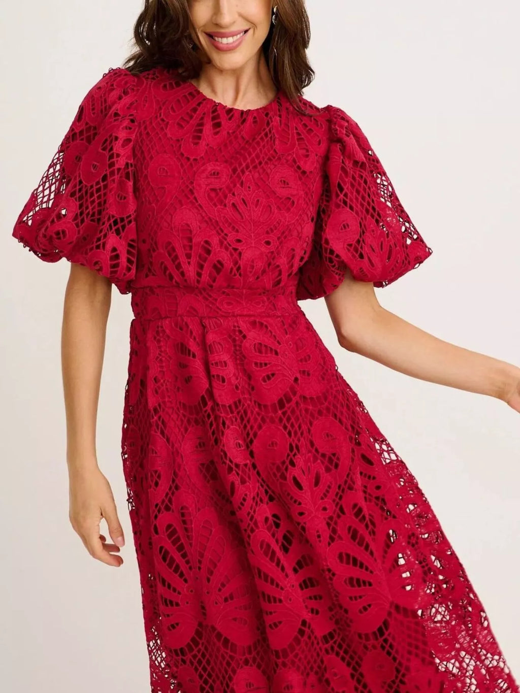 Lace Puff Sleeve Midi Dress