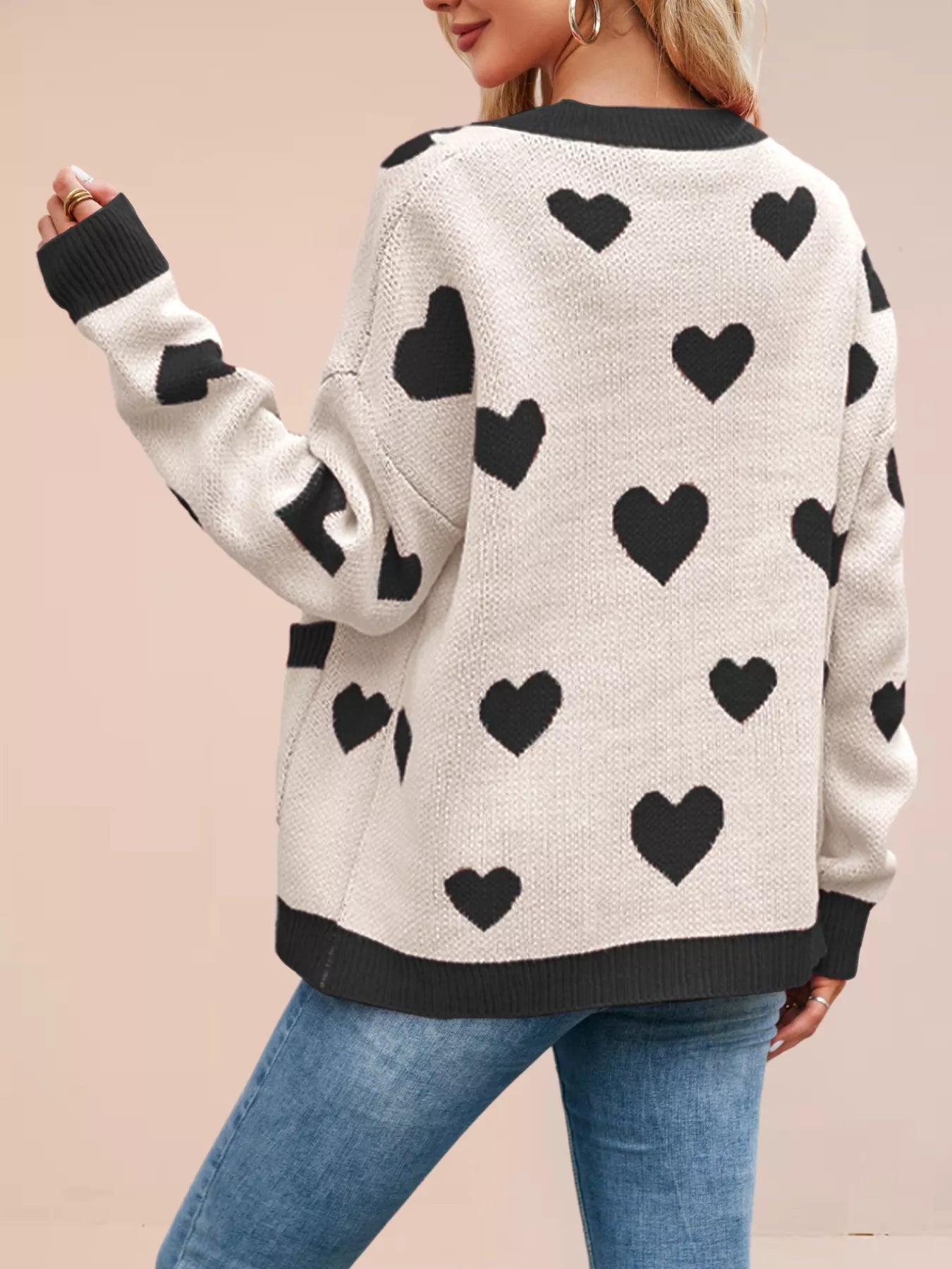Heart Pattern Button-Up Knit Cardigan