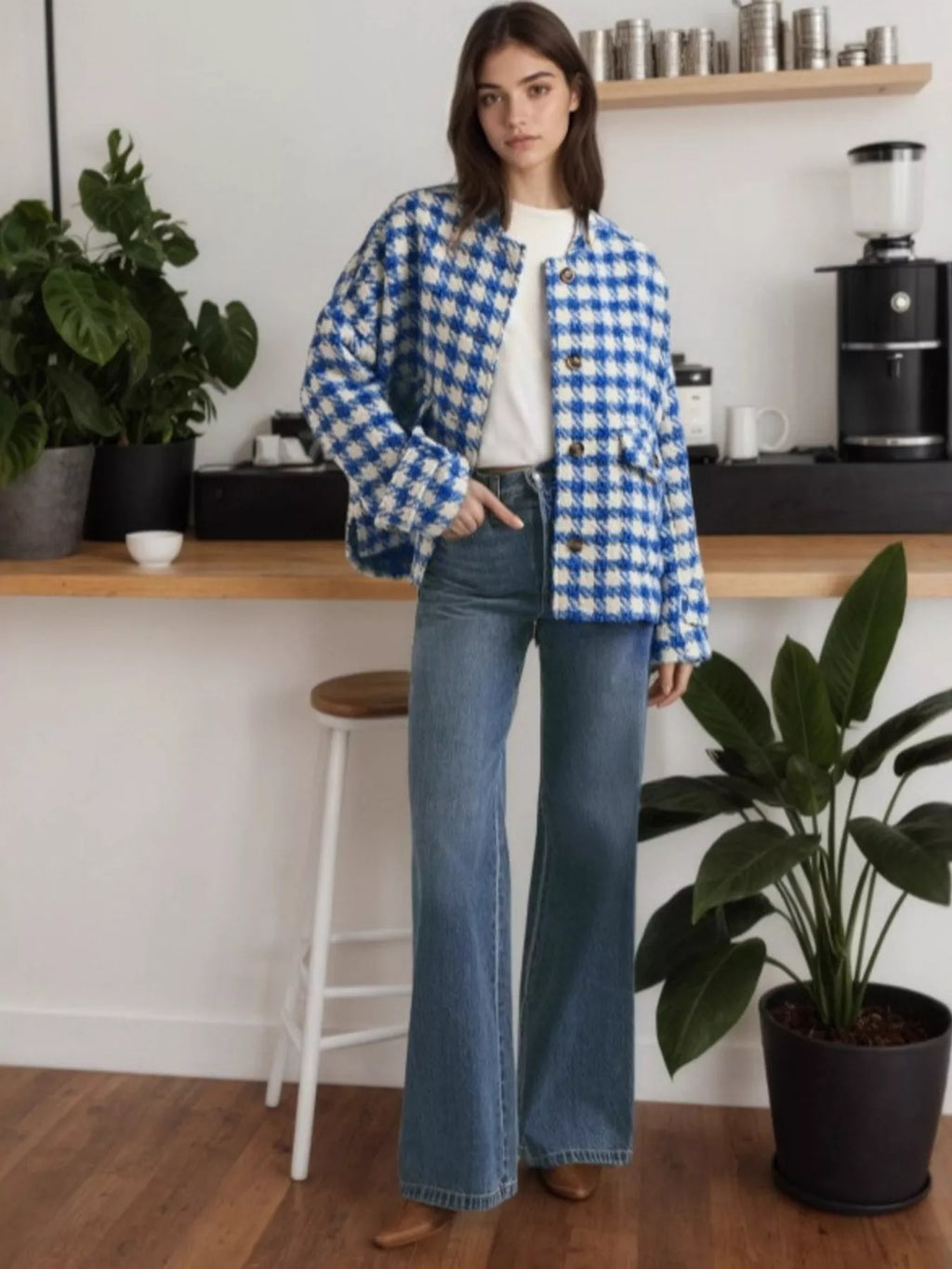 Houndstooth Button Up Long Sleeve Jacket