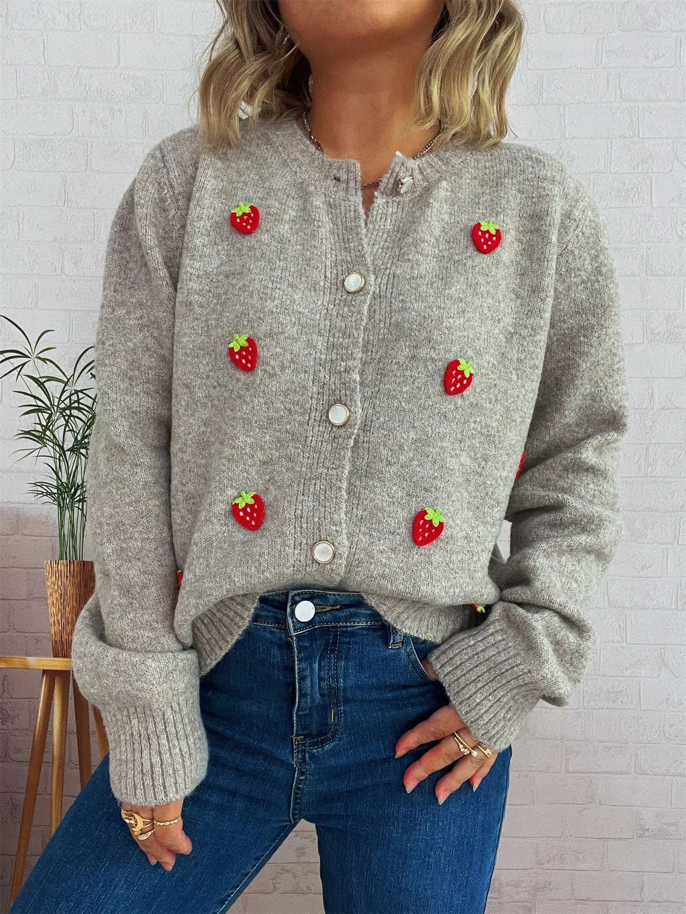 Strawberry Button Up Long Sleeve Cardigan