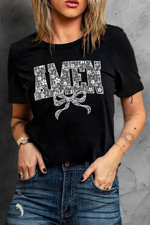 AMEN Bow Round Neck Short Sleeve T Shirt