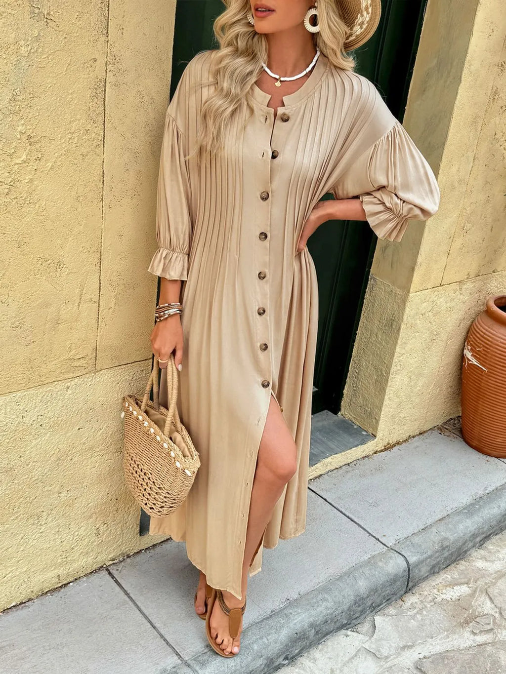 Button Front Flounce Sleeve Dress