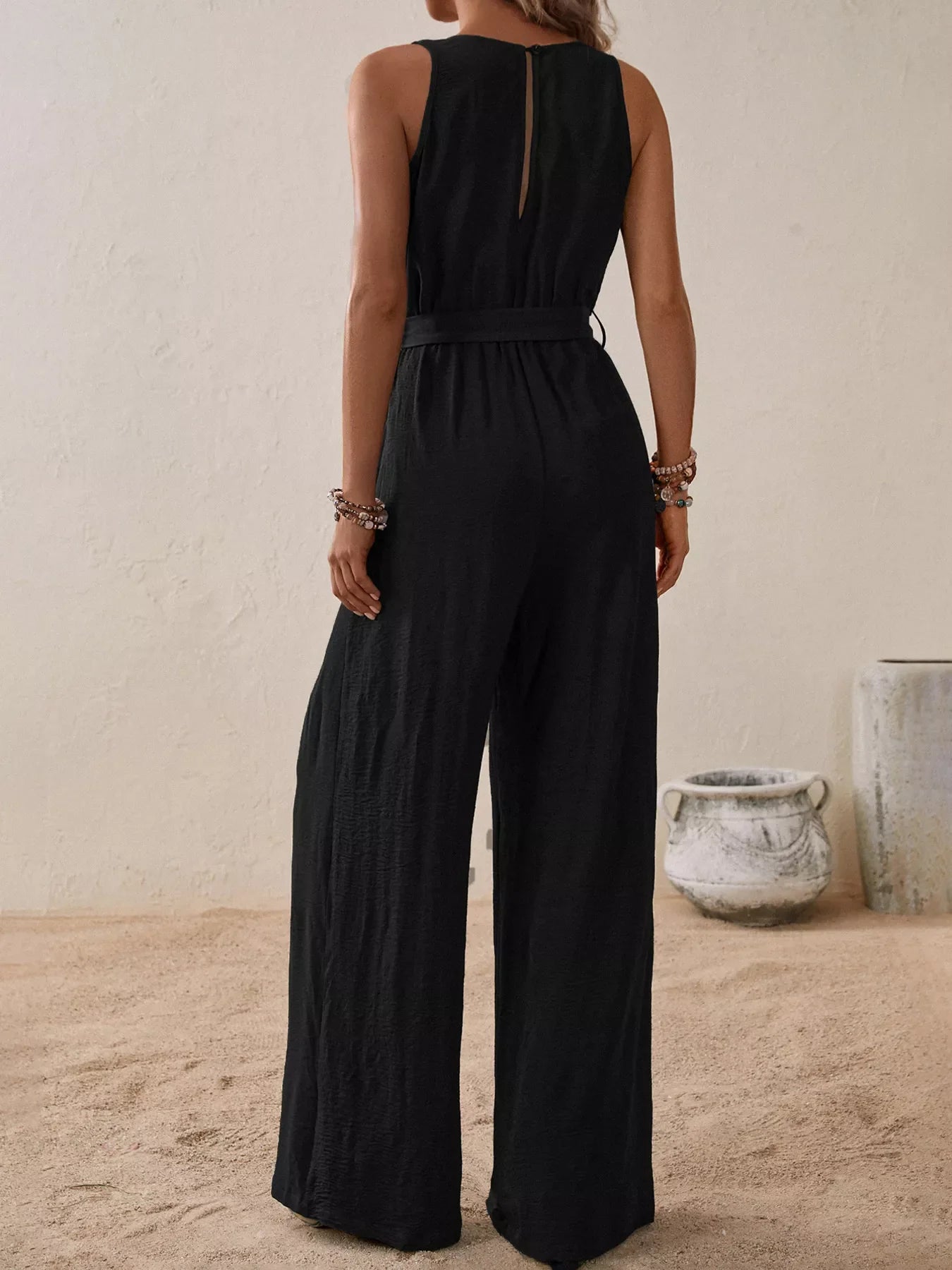 Sleeveless Tie Waist Wide Leg Jumpsuit