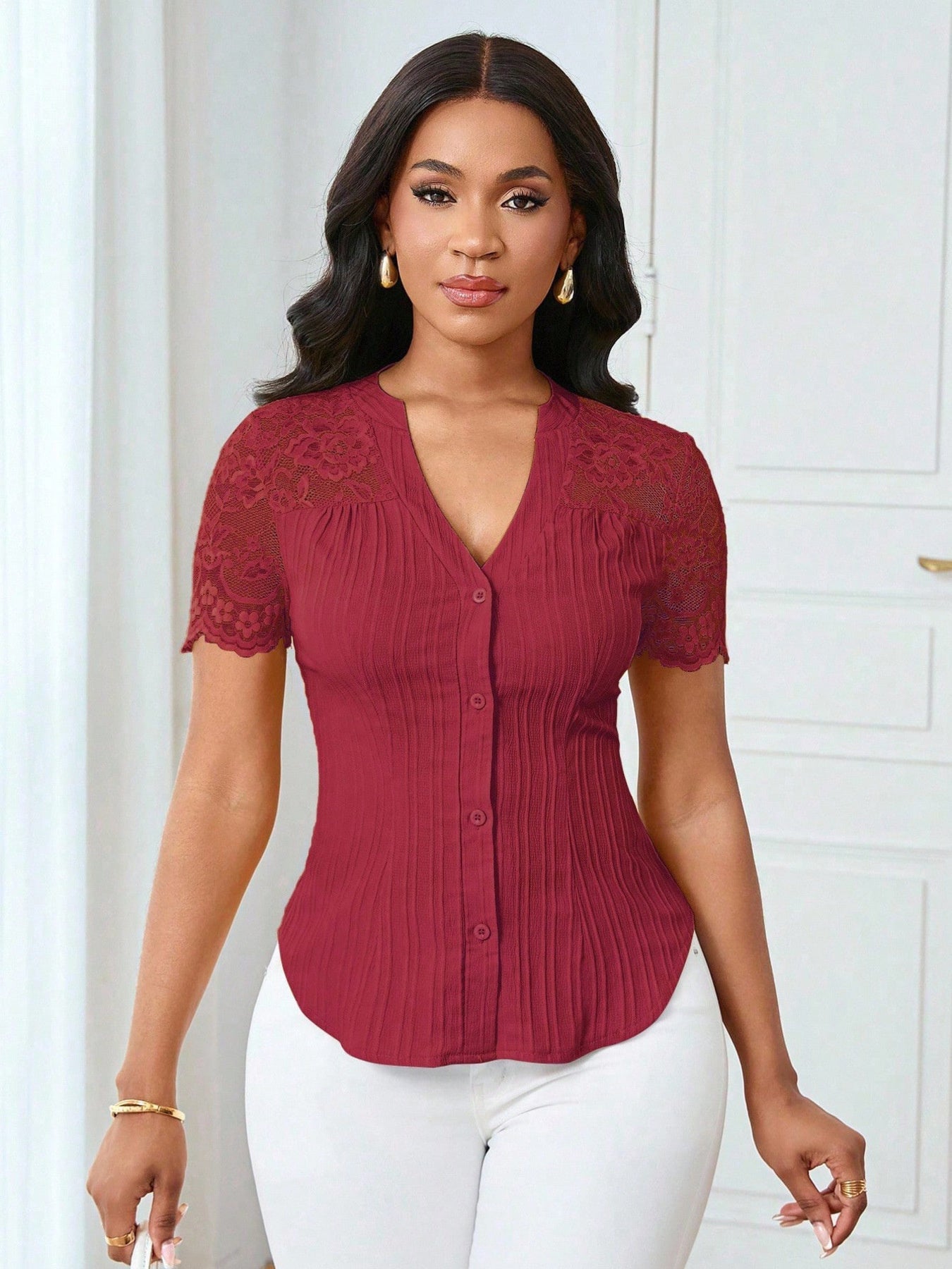 Lace Sleeve Button Up Shirt