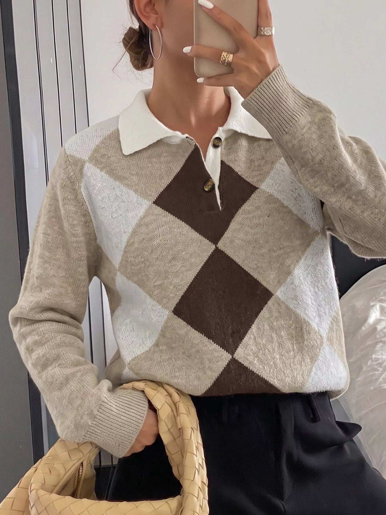 Argyle Patterned Polo Collar Sweater