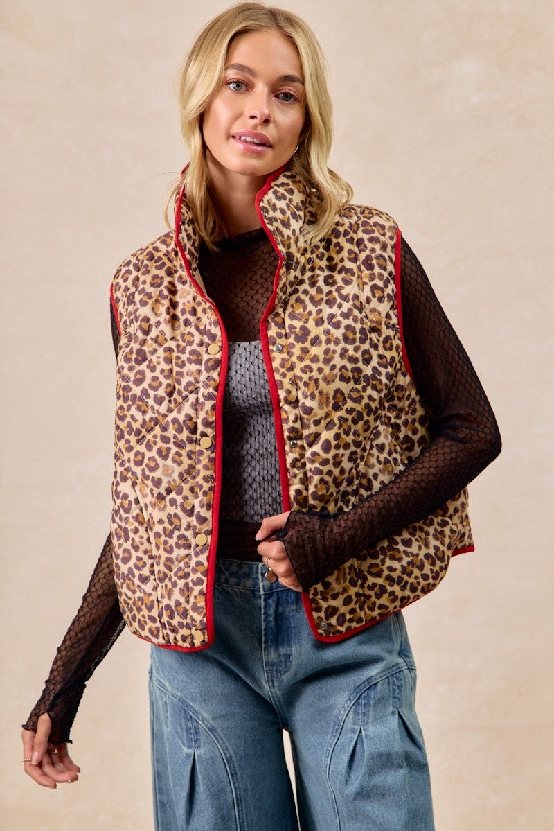 BiBi Leopard Print Piping Detail Quilted Vest