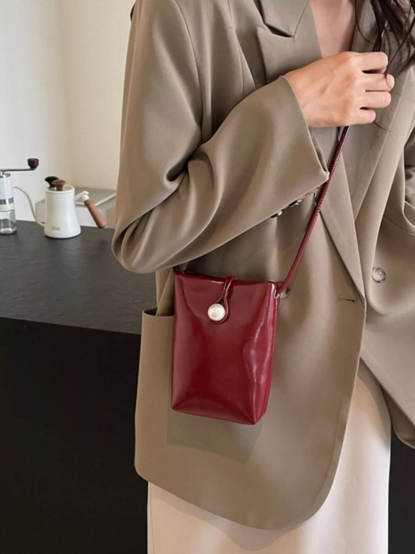 Pearl Decor Faux Leather Crossbody Bag
