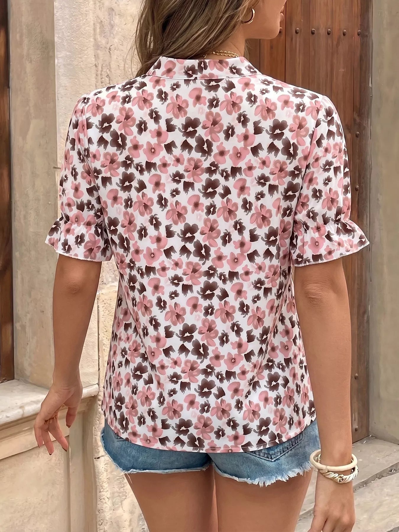 Floral Print Tie Neck Ruffle Blouse