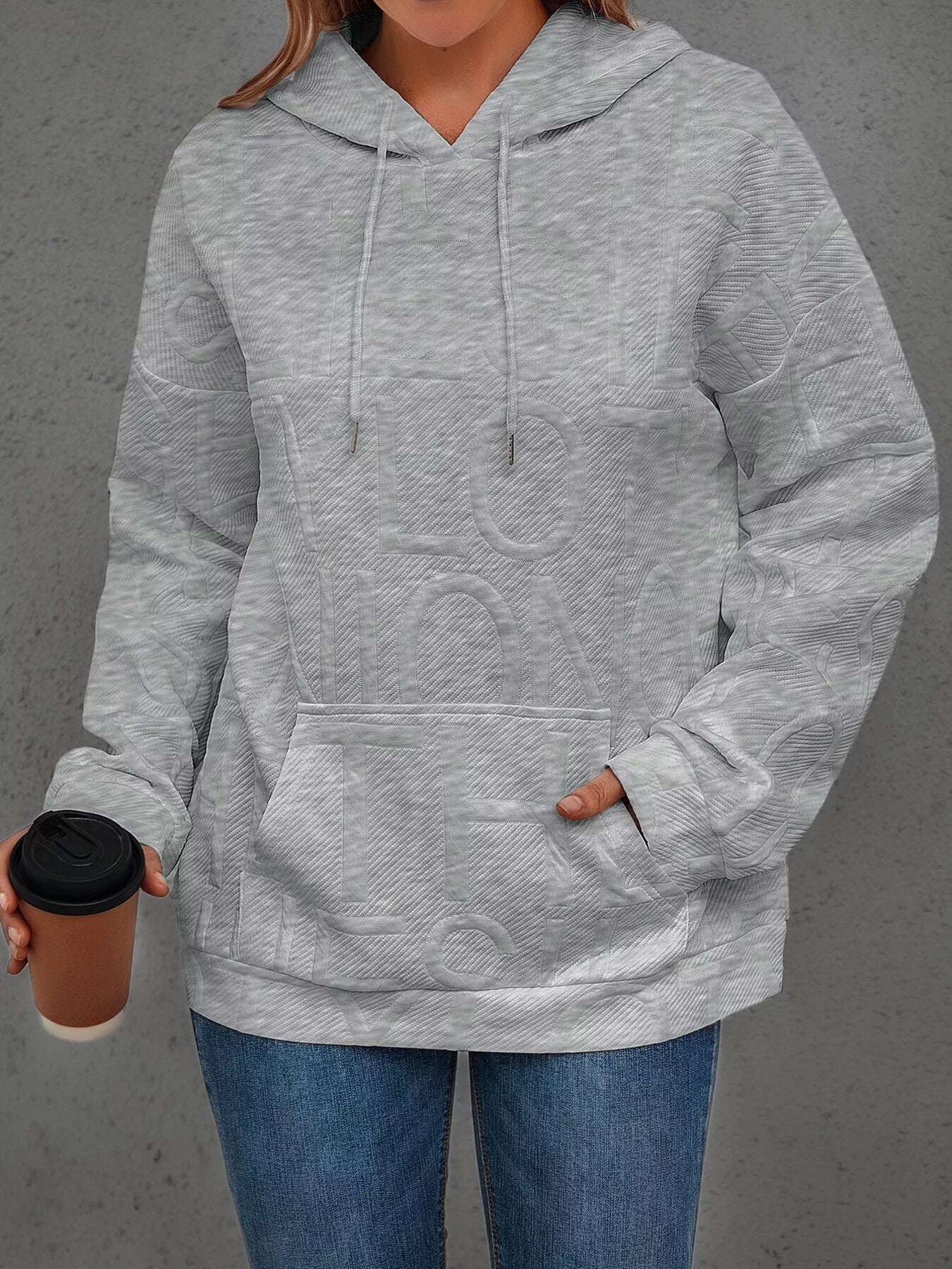 Full Size Textured Embossed Long Sleeve Hoodie Plus Size